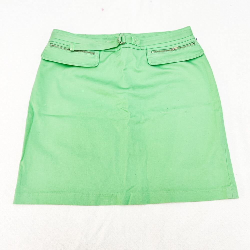 Tahari Green Mini Skirt Pencil Straight Silver Zippered Accents Size 6